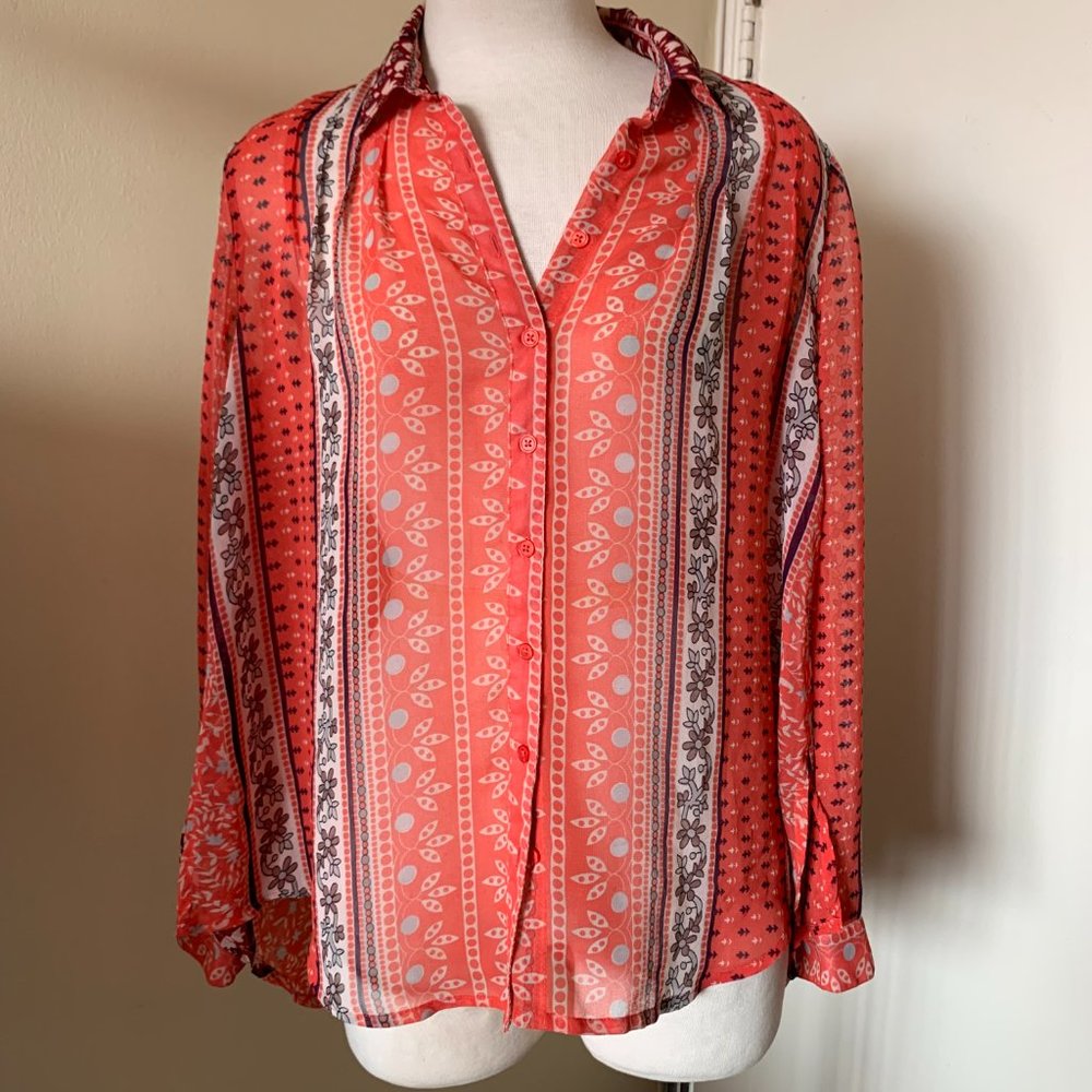 FREE PEOPLE ORANGE FLORAL SHEER BUTTON DOWN TOP BLOUSE SIZE XS 100% POLYESTER
